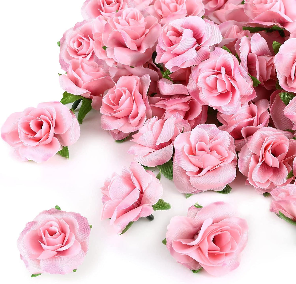 50pcs Pink Roses Artificial Flowers, 1.6" Small Silk Fake Roses Buds