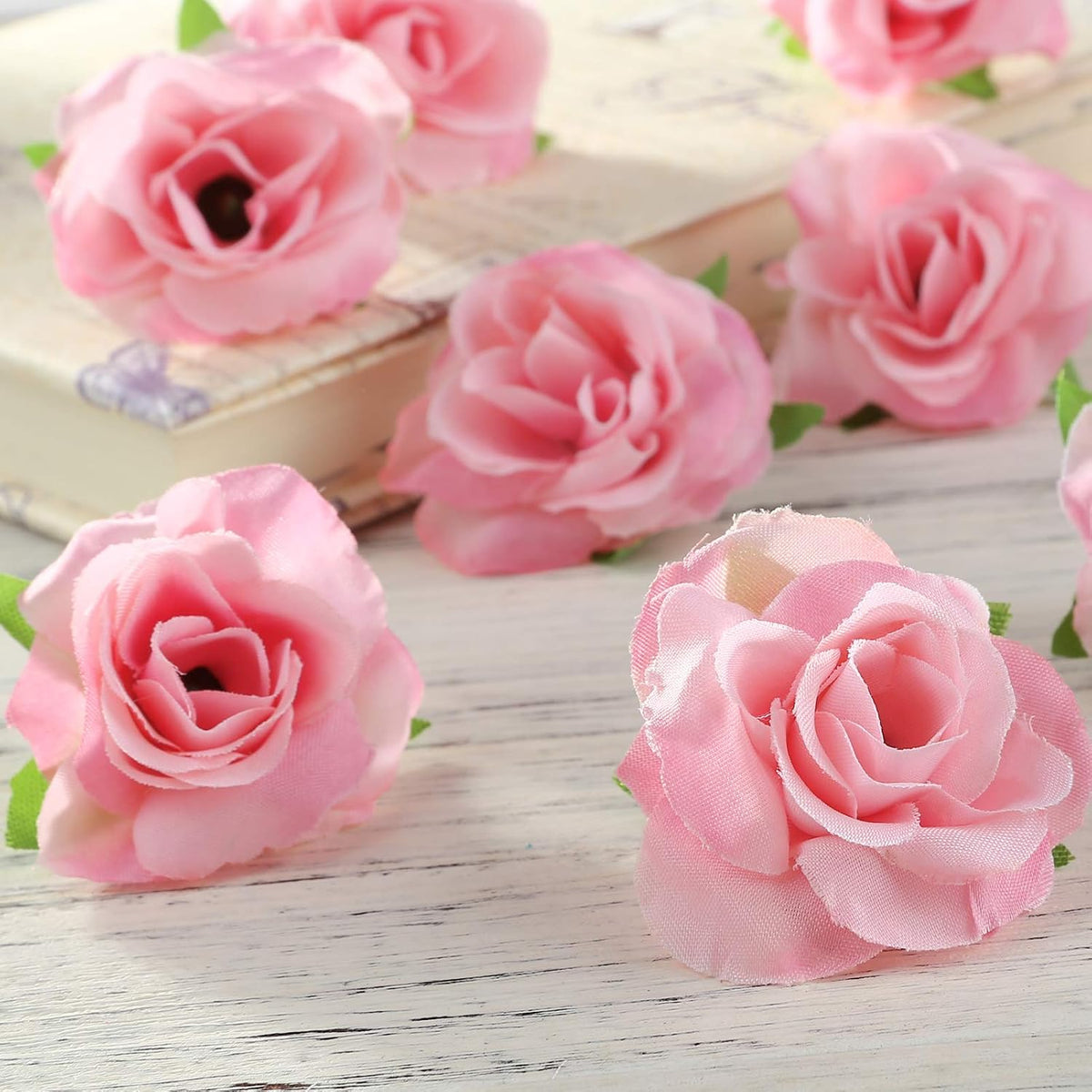 50pcs Pink Roses Artificial Flowers, 1.6" Small Silk Fake Roses Buds