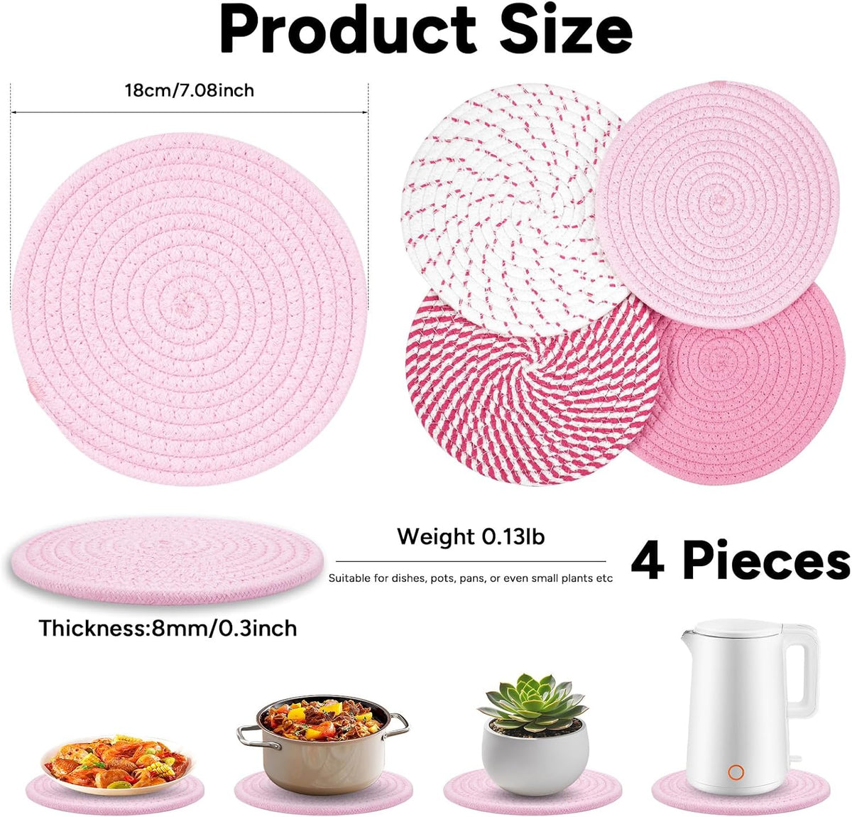 7inch Trivets for Hot Dishes with a Kraft Paper Gift Box,Trivet Mats Set for Hot Pots and Pans, 4 Heat Resistant Pot Holders for Kitchen,Home Essentials,Housewarming Gift(Pink)