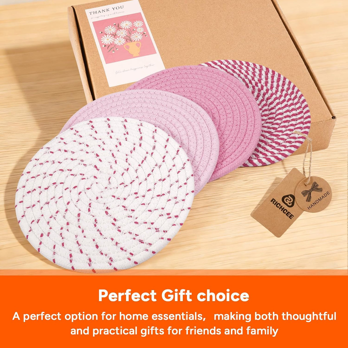7inch Trivets for Hot Dishes with a Kraft Paper Gift Box,Trivet Mats Set for Hot Pots and Pans, 4 Heat Resistant Pot Holders for Kitchen,Home Essentials,Housewarming Gift(Pink)