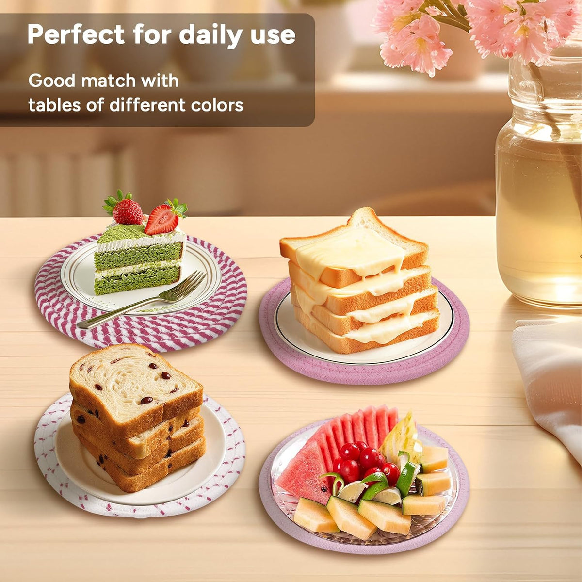 7inch Trivets for Hot Dishes with a Kraft Paper Gift Box,Trivet Mats Set for Hot Pots and Pans, 4 Heat Resistant Pot Holders for Kitchen,Home Essentials,Housewarming Gift(Pink)