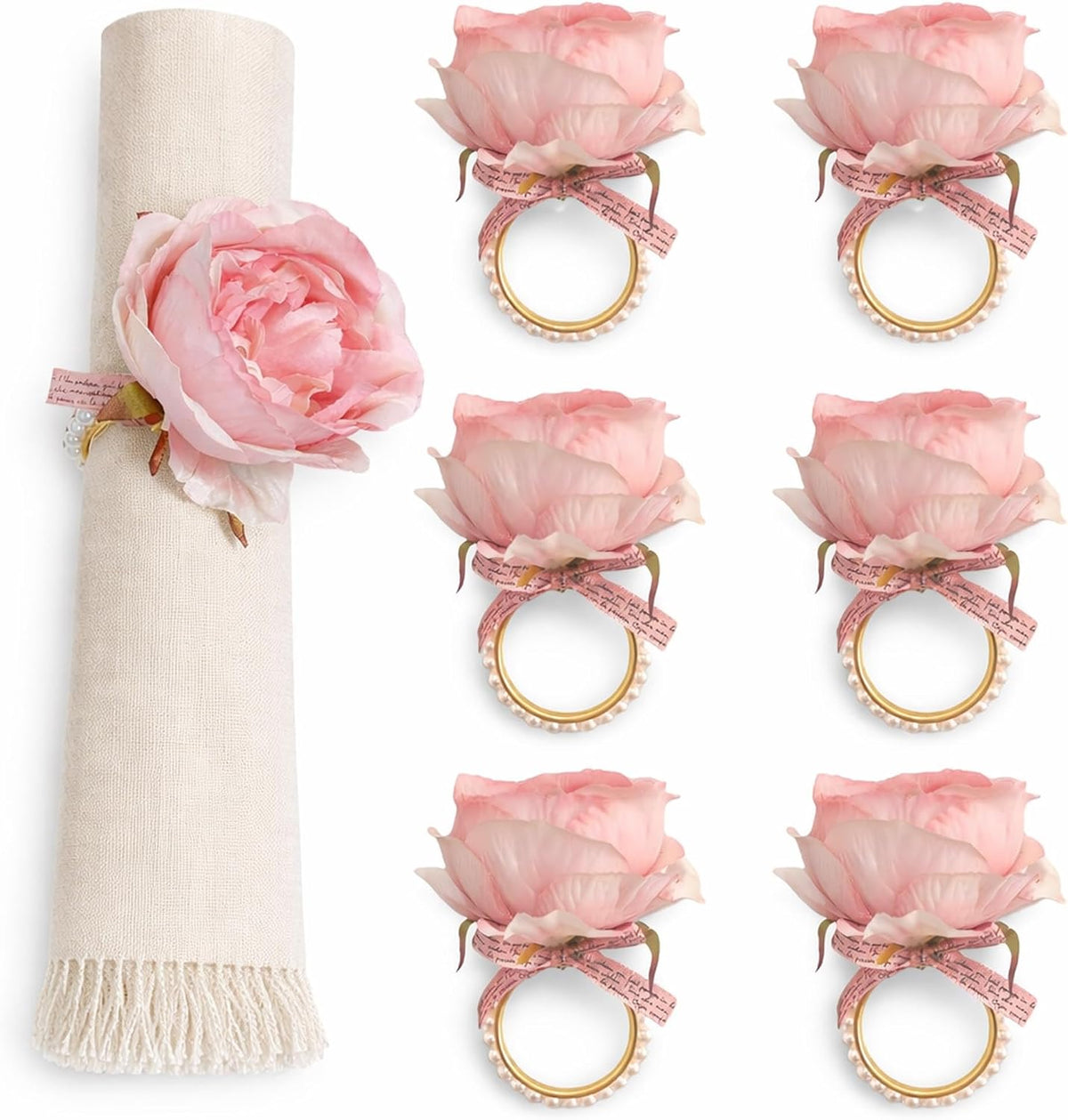 Flower Napkin Rings, 6 Pcs Pink Rose Pearl Napkin Ring Holders Rustic Peony Flower Serviette Buckles for Dining Table Banquet Mother’s Day Thanksgiving Christmas Wedding Party Decor