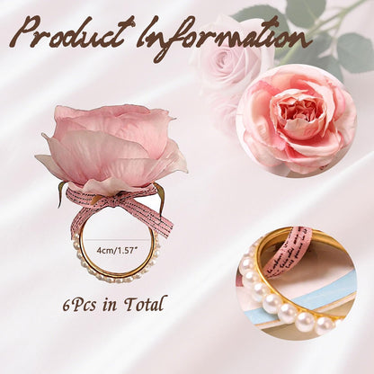 Flower Napkin Rings, 6 Pcs Pink Rose Pearl Napkin Ring Holders Rustic Peony Flower Serviette Buckles for Dining Table Banquet Mother’s Day Thanksgiving Christmas Wedding Party Decor