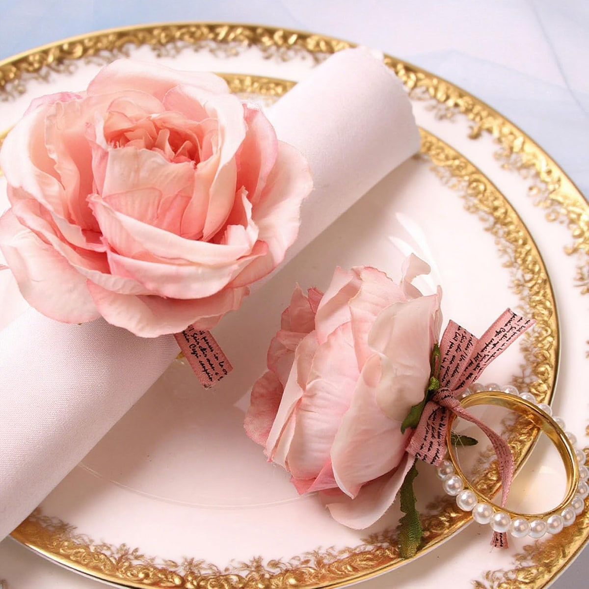 Flower Napkin Rings, 6 Pcs Pink Rose Pearl Napkin Ring Holders Rustic Peony Flower Serviette Buckles for Dining Table Banquet Mother’s Day Thanksgiving Christmas Wedding Party Decor