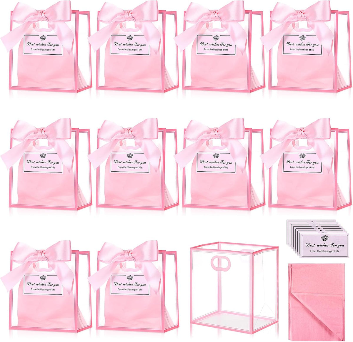 12 Pack Small Clear Gift Bags with Handles Bulk,Pink