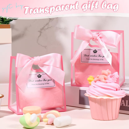 12 Pack Small Clear Gift Bags with Handles Bulk,Pink