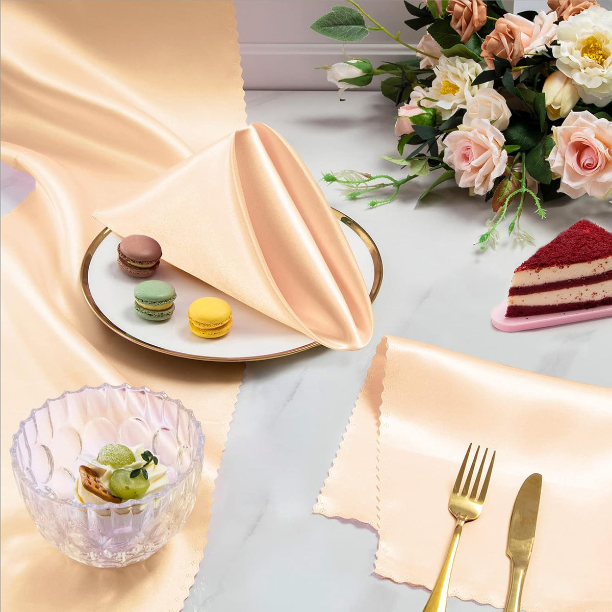 100 Pack Satin Napkins 20" x 20" with Floral Edges, Peach