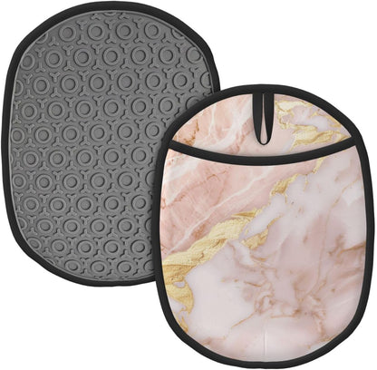 Light Blush Pink Marble Texture with Gold Veining Silicone Pot Holders,2pcs, Heat Resistant Oven Mitts Large Potholders for Kitchen Cooking Baking Hot Pads