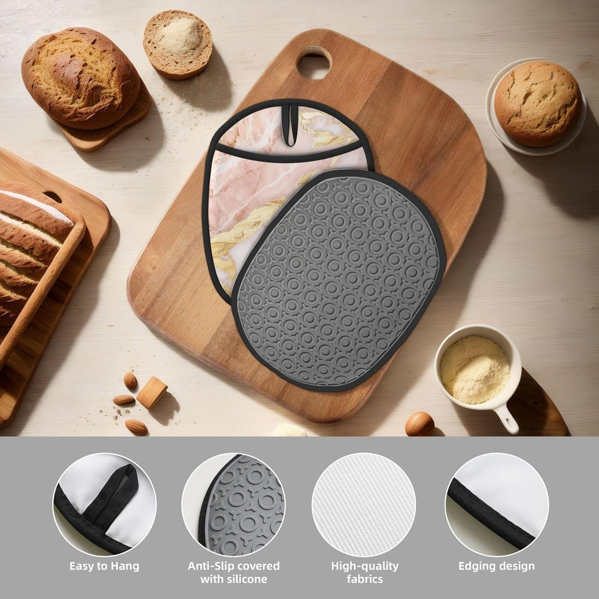 Light Blush Pink Marble Texture with Gold Veining Silicone Pot Holders,2pcs, Heat Resistant Oven Mitts Large Potholders for Kitchen Cooking Baking Hot Pads