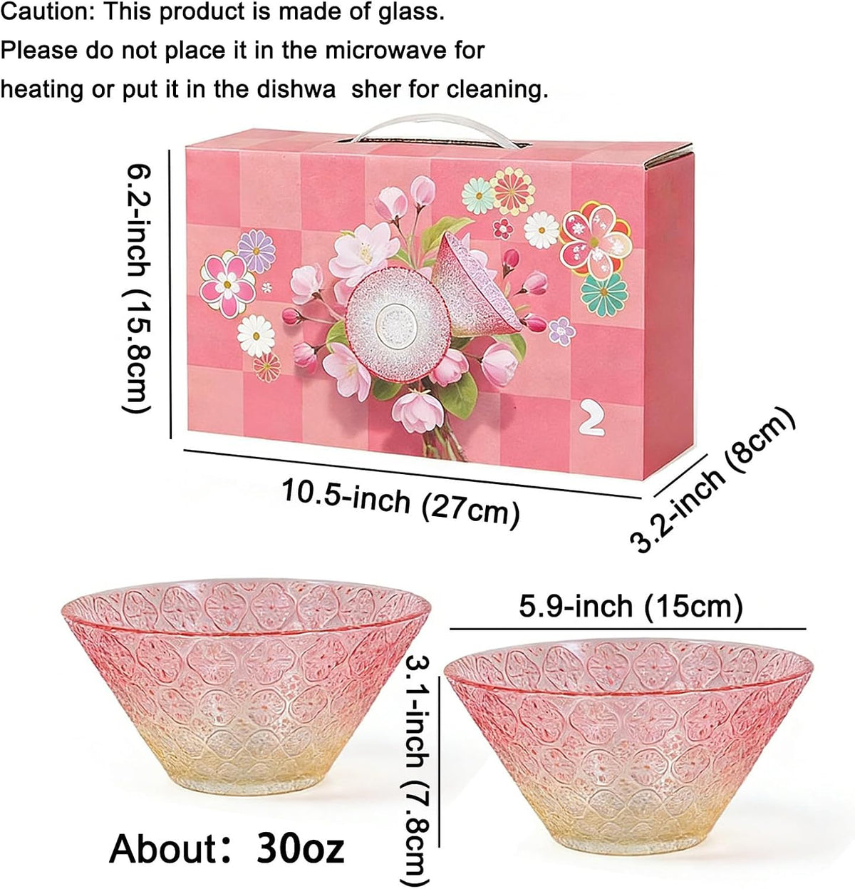 2 Pack Gradient Glass Mixing Bowls, 30 oz Crystal Salad Bowls (Pink)