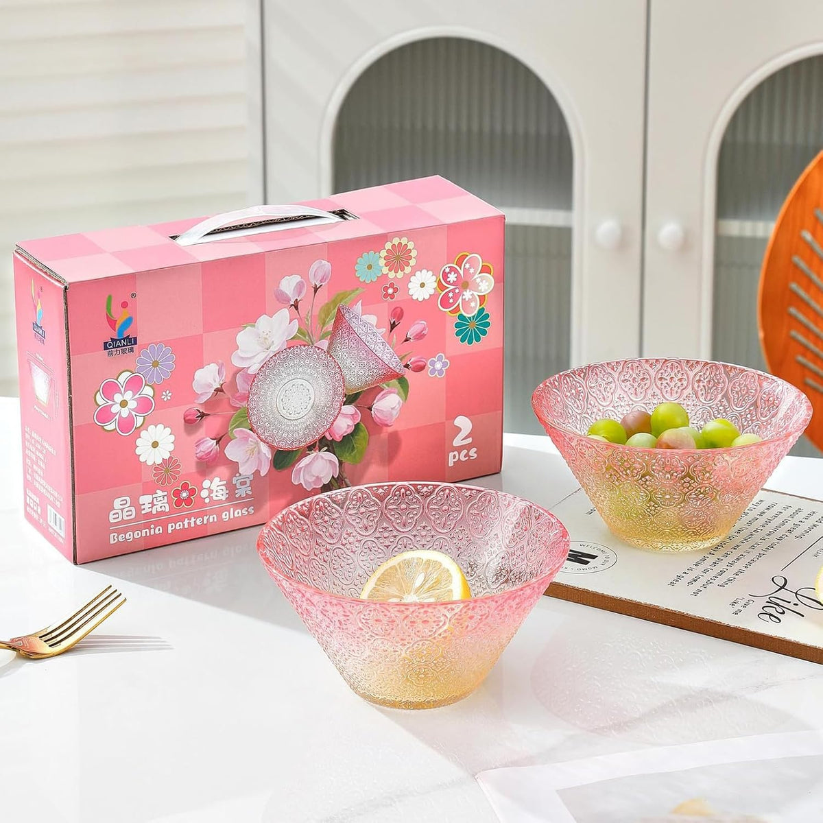 2 Pack Gradient Glass Mixing Bowls, 30 oz Crystal Salad Bowls (Pink)