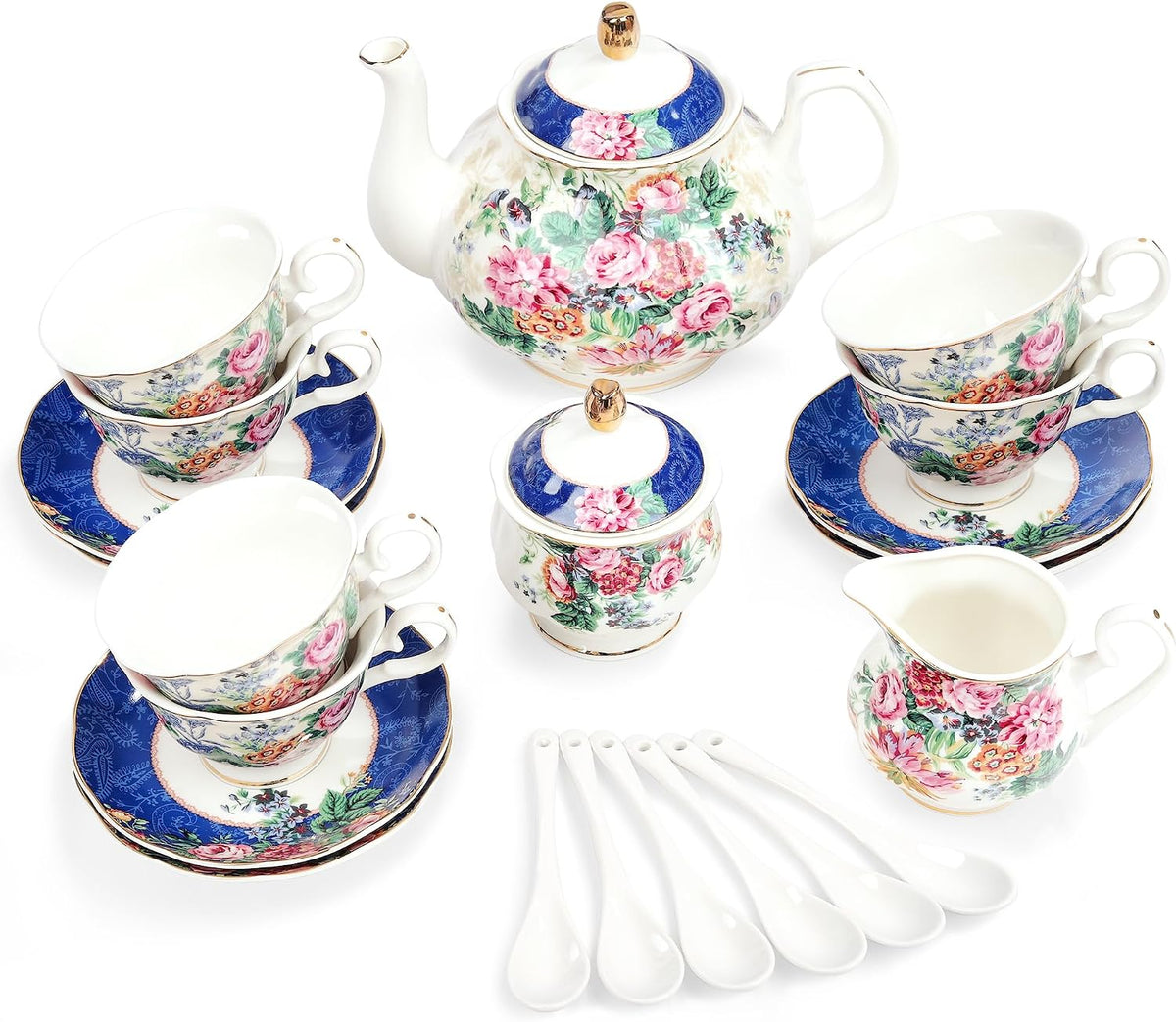 21-Piece Blue Lace Porcelain Tea Set, China Coffee Cup and Saucer Set for 6, Pink Flower Tea Sets for Adults Women