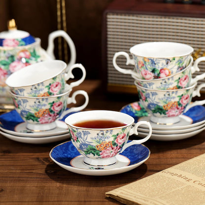 21-Piece Blue Lace Porcelain Tea Set, China Coffee Cup and Saucer Set for 6, Pink Flower Tea Sets for Adults Women