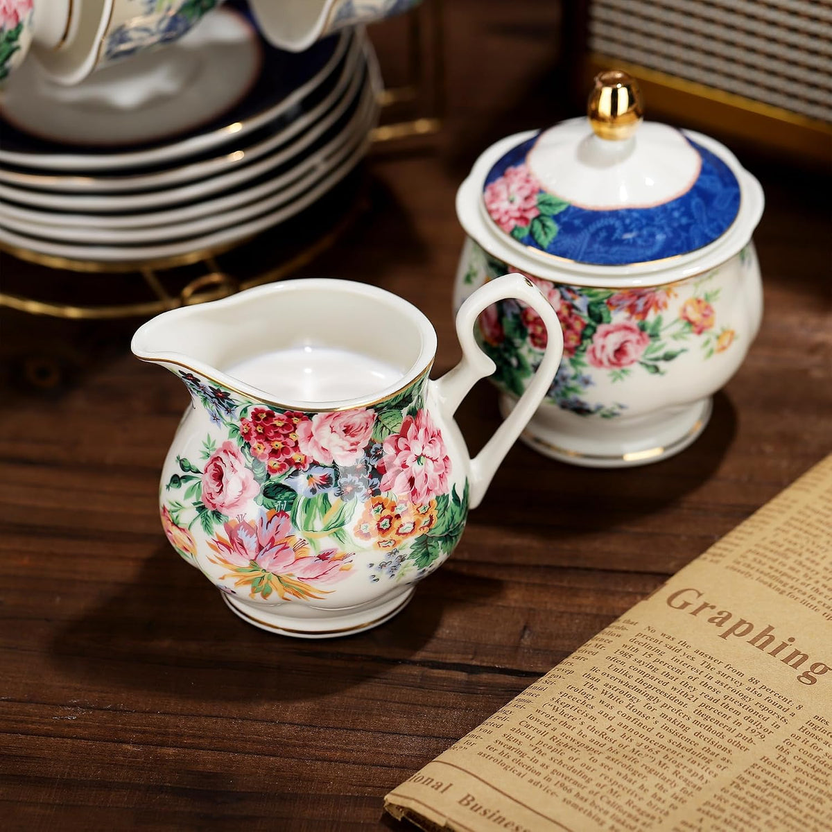 21-Piece Blue Lace Porcelain Tea Set, China Coffee Cup and Saucer Set for 6, Pink Flower Tea Sets for Adults Women