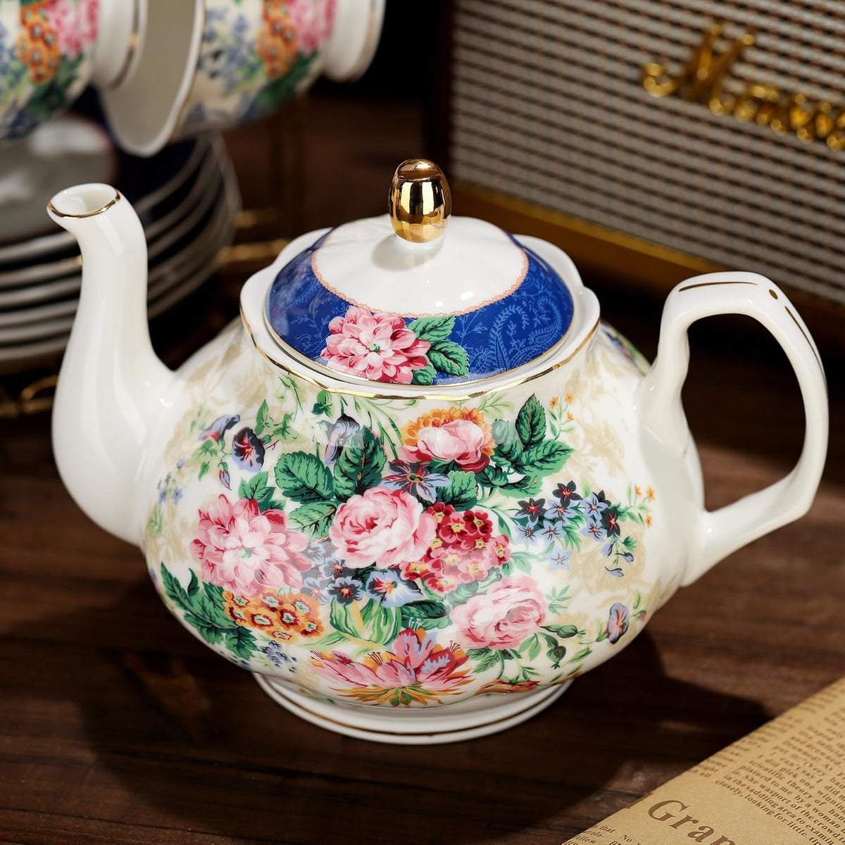 21-Piece Blue Lace Porcelain Tea Set, China Coffee Cup and Saucer Set for 6, Pink Flower Tea Sets for Adults Women