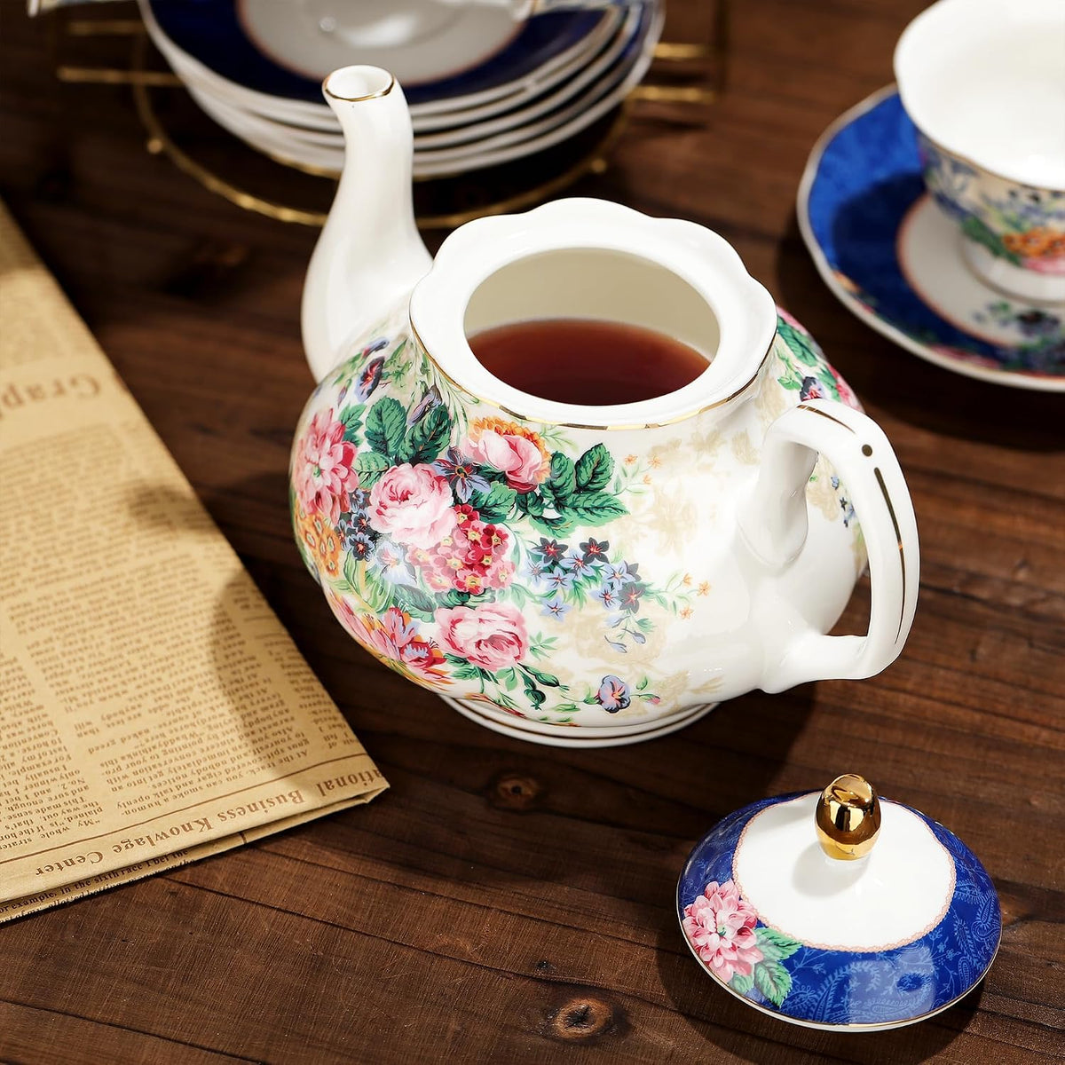 21-Piece Blue Lace Porcelain Tea Set, China Coffee Cup and Saucer Set for 6, Pink Flower Tea Sets for Adults Women
