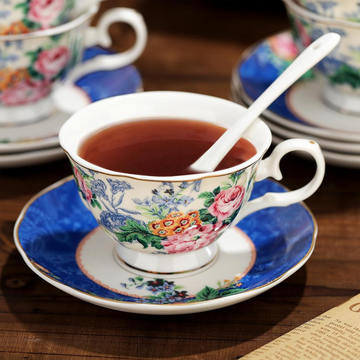 21-Piece Blue Lace Porcelain Tea Set, China Coffee Cup and Saucer Set for 6, Pink Flower Tea Sets for Adults Women