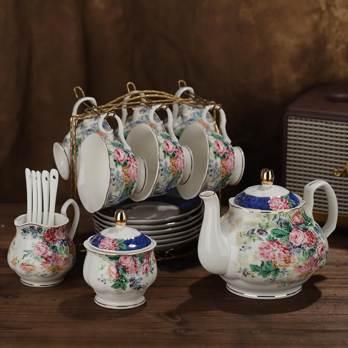 21-Piece Blue Lace Porcelain Tea Set, China Coffee Cup and Saucer Set for 6, Pink Flower Tea Sets for Adults Women