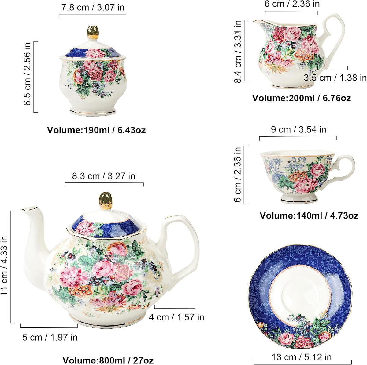 21-Piece Blue Lace Porcelain Tea Set, China Coffee Cup and Saucer Set for 6, Pink Flower Tea Sets for Adults Women