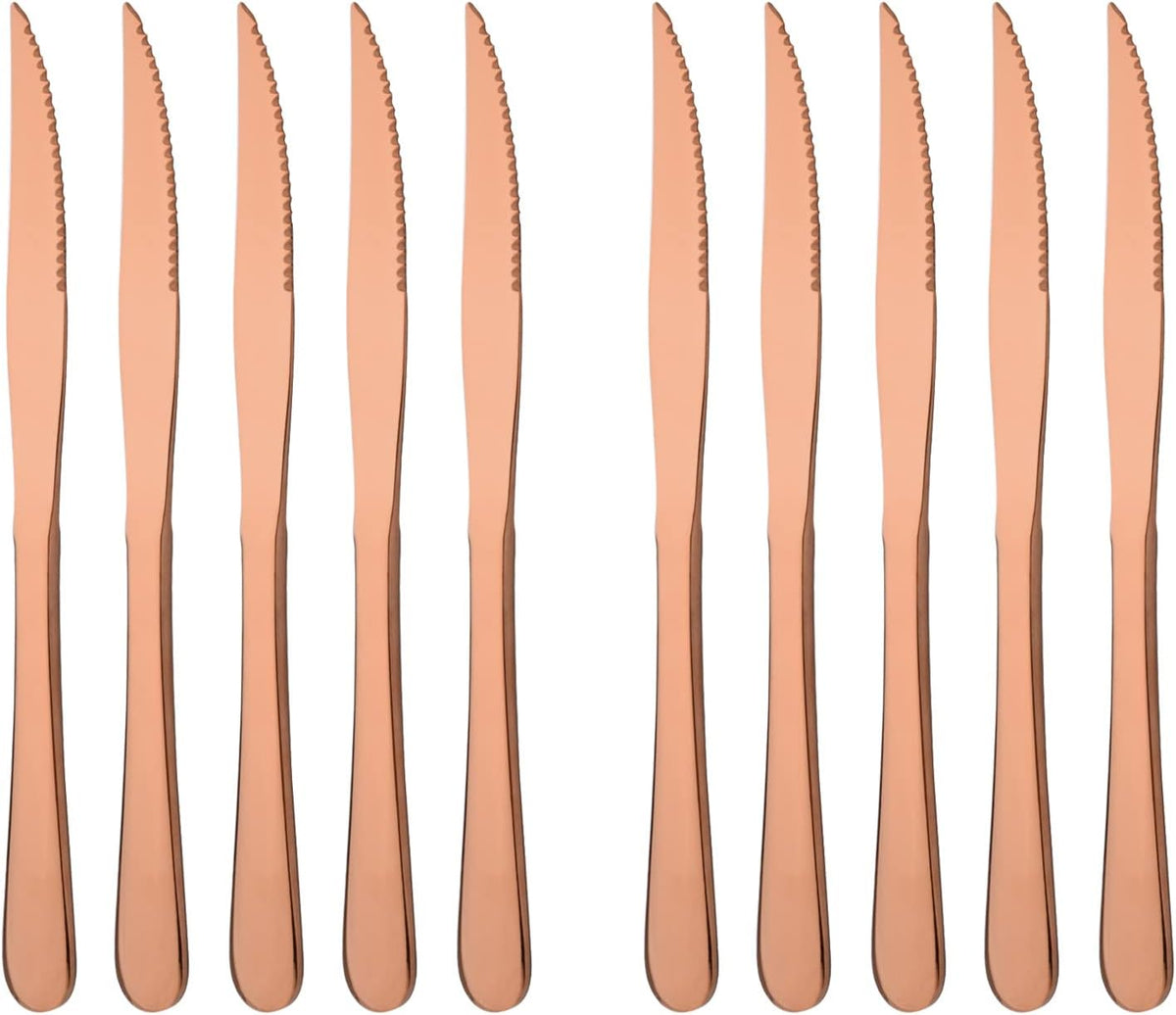 Rose Gold Steak Knives Set of 10, Mirror Polished Stainless Steel Kitchen Cutlery Set, Dinner Knives Set for Steak Dessert, Straight Edge Serrated Knives Set, Dishwasher safe