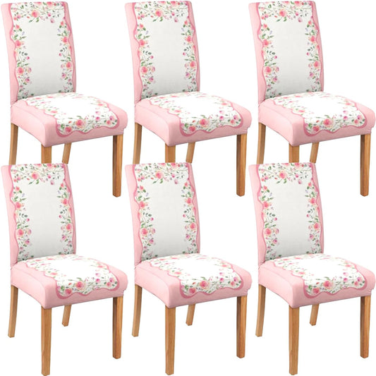 Valentine's Day Chair Covers Set of 6, Romantic Pink Rose Chairs Slipcover for Dining Room, Removable Washable Breathable Cover in the Kitchen Restaurant Holiday Decor