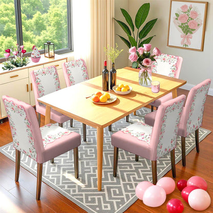 Valentine's Day Chair Covers Set of 6, Romantic Pink Rose Chairs Slipcover for Dining Room, Removable Washable Breathable Cover in the Kitchen Restaurant Holiday Decor