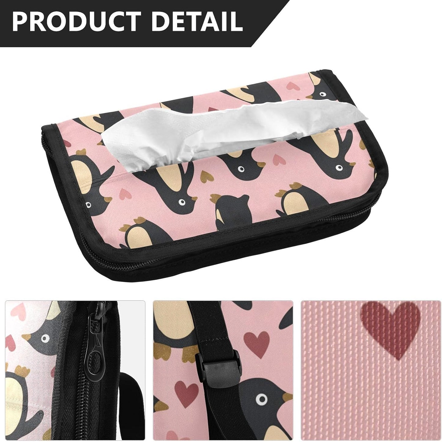 Hanging tissue holder for car visor Penguin Peach Valentines Gold napkin holder sun visor with Adjustable straps & zipper Reusable auto accessories for Autos
