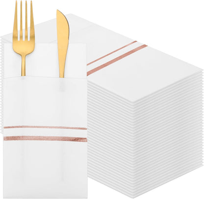 Roshtia 100 Pack Dinner Napkins Disposable Linen Feel Dinner Napkins with Built-in Flatware Pocket Gold Trim Lined Pre Folded Paper for Wedding Party (White,Rose Gold)