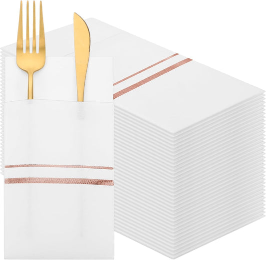 Roshtia 100 Pack Dinner Napkins Disposable Linen Feel Dinner Napkins with Built-in Flatware Pocket Gold Trim Lined Pre Folded Paper for Wedding Party (White,Rose Gold)