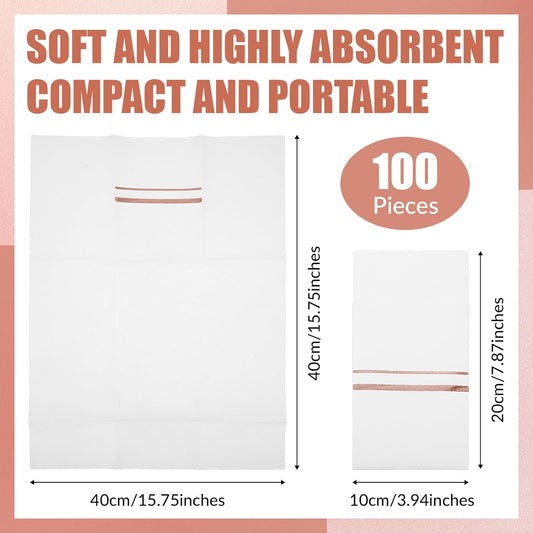 Roshtia 100 Pack Dinner Napkins Disposable Linen Feel Dinner Napkins with Built-in Flatware Pocket Gold Trim Lined Pre Folded Paper for Wedding Party (White,Rose Gold)