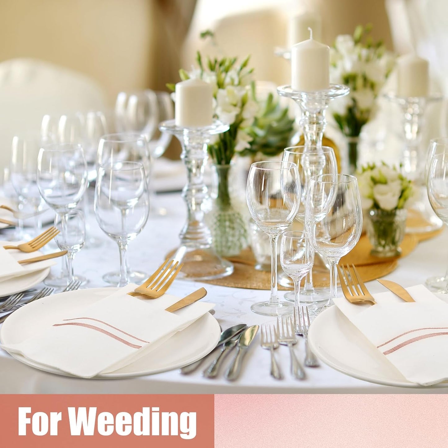 Roshtia 100 Pack Dinner Napkins Disposable Linen Feel Dinner Napkins with Built-in Flatware Pocket Gold Trim Lined Pre Folded Paper for Wedding Party (White,Rose Gold)