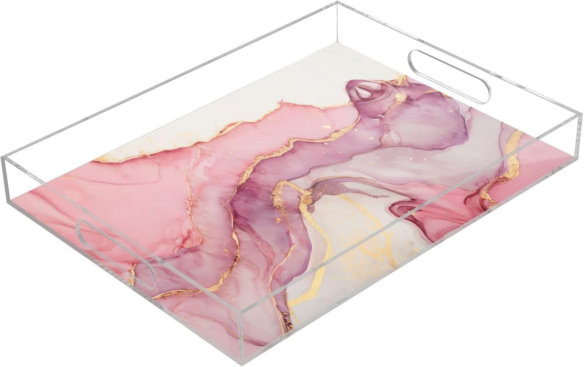 Marble Abstract Pink Gold Serving Tray Acrylic Decorative Trays 16" x 12" Serving Platter with Handles for Coffee Table, Dessert Party, Bathroom Vanity Countertop