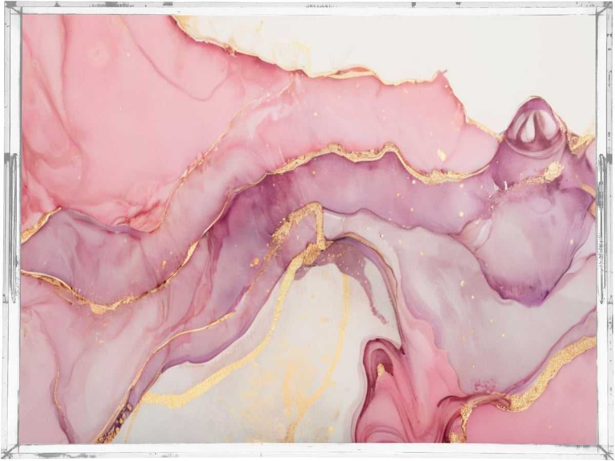 Marble Abstract Pink Gold Serving Tray Acrylic Decorative Trays 16" x 12" Serving Platter with Handles for Coffee Table, Dessert Party, Bathroom Vanity Countertop
