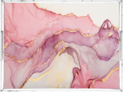 Marble Abstract Pink Gold Serving Tray Acrylic Decorative Trays 16" x 12" Serving Platter with Handles for Coffee Table, Dessert Party, Bathroom Vanity Countertop