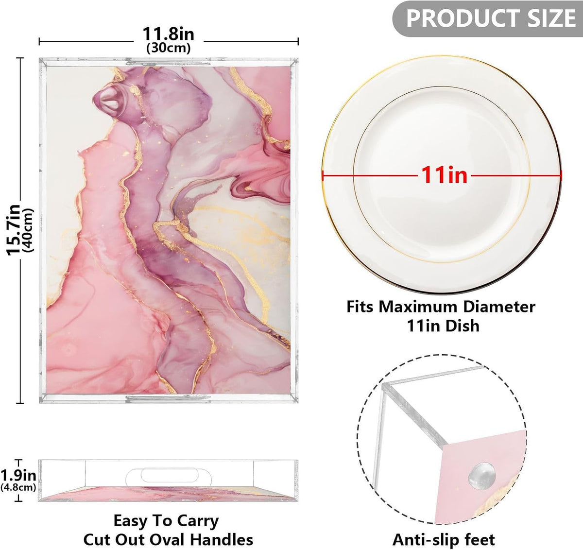 Marble Abstract Pink Gold Serving Tray Acrylic Decorative Trays 16" x 12" Serving Platter with Handles for Coffee Table, Dessert Party, Bathroom Vanity Countertop