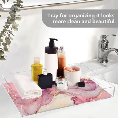 Marble Abstract Pink Gold Serving Tray Acrylic Decorative Trays 16" x 12" Serving Platter with Handles for Coffee Table, Dessert Party, Bathroom Vanity Countertop