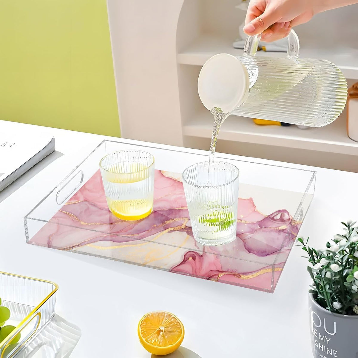 Marble Abstract Pink Gold Serving Tray Acrylic Decorative Trays 16" x 12" Serving Platter with Handles for Coffee Table, Dessert Party, Bathroom Vanity Countertop