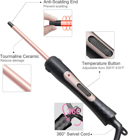 3/8 Inch Small Curling Iron Wand, 9mm Thin Curling Wand for Short & Long Hair, Ceramic Hair Curler Wand with 2 Temperature, Small Barrel Curling Iron, Include Heat Protective Glove-Rose Pink