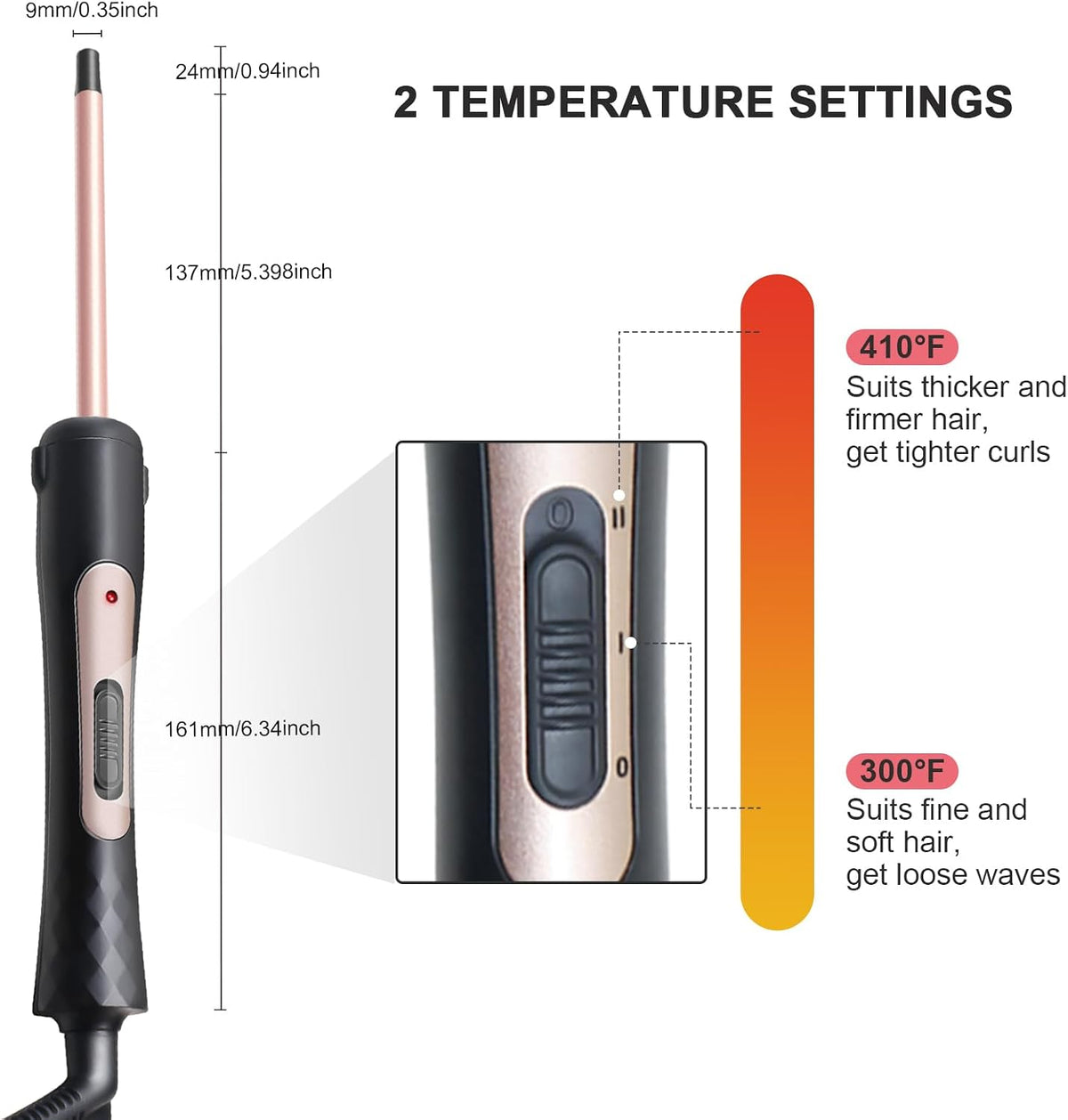 3/8 Inch Small Curling Iron Wand, 9mm Thin Curling Wand for Short & Long Hair, Ceramic Hair Curler Wand with 2 Temperature, Small Barrel Curling Iron, Include Heat Protective Glove-Rose Pink
