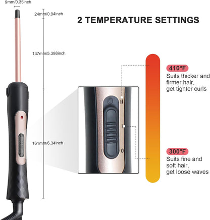 3/8 Inch Small Curling Iron Wand, 9mm Thin Curling Wand for Short & Long Hair, Ceramic Hair Curler Wand with 2 Temperature, Small Barrel Curling Iron, Include Heat Protective Glove-Rose Pink