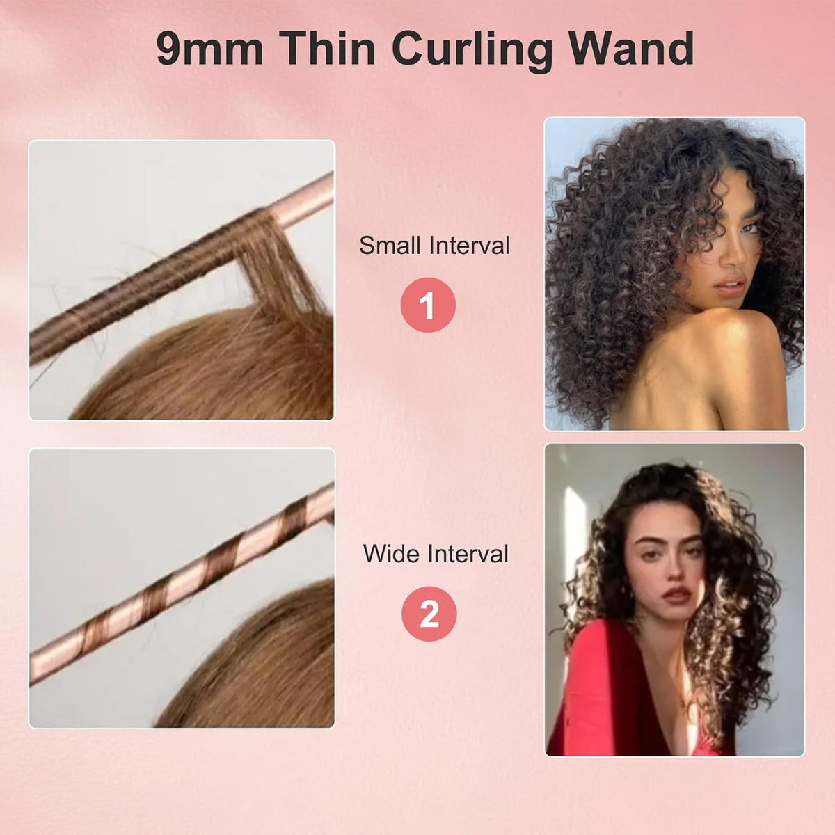 3/8 Inch Small Curling Iron Wand, 9mm Thin Curling Wand for Short & Long Hair, Ceramic Hair Curler Wand with 2 Temperature, Small Barrel Curling Iron, Include Heat Protective Glove-Rose Pink