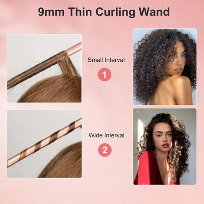 3/8 Inch Small Curling Iron Wand, 9mm Thin Curling Wand for Short & Long Hair, Ceramic Hair Curler Wand with 2 Temperature, Small Barrel Curling Iron, Include Heat Protective Glove-Rose Pink