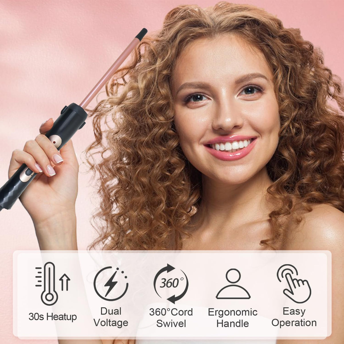 3/8 Inch Small Curling Iron Wand, 9mm Thin Curling Wand for Short & Long Hair, Ceramic Hair Curler Wand with 2 Temperature, Small Barrel Curling Iron, Include Heat Protective Glove-Rose Pink
