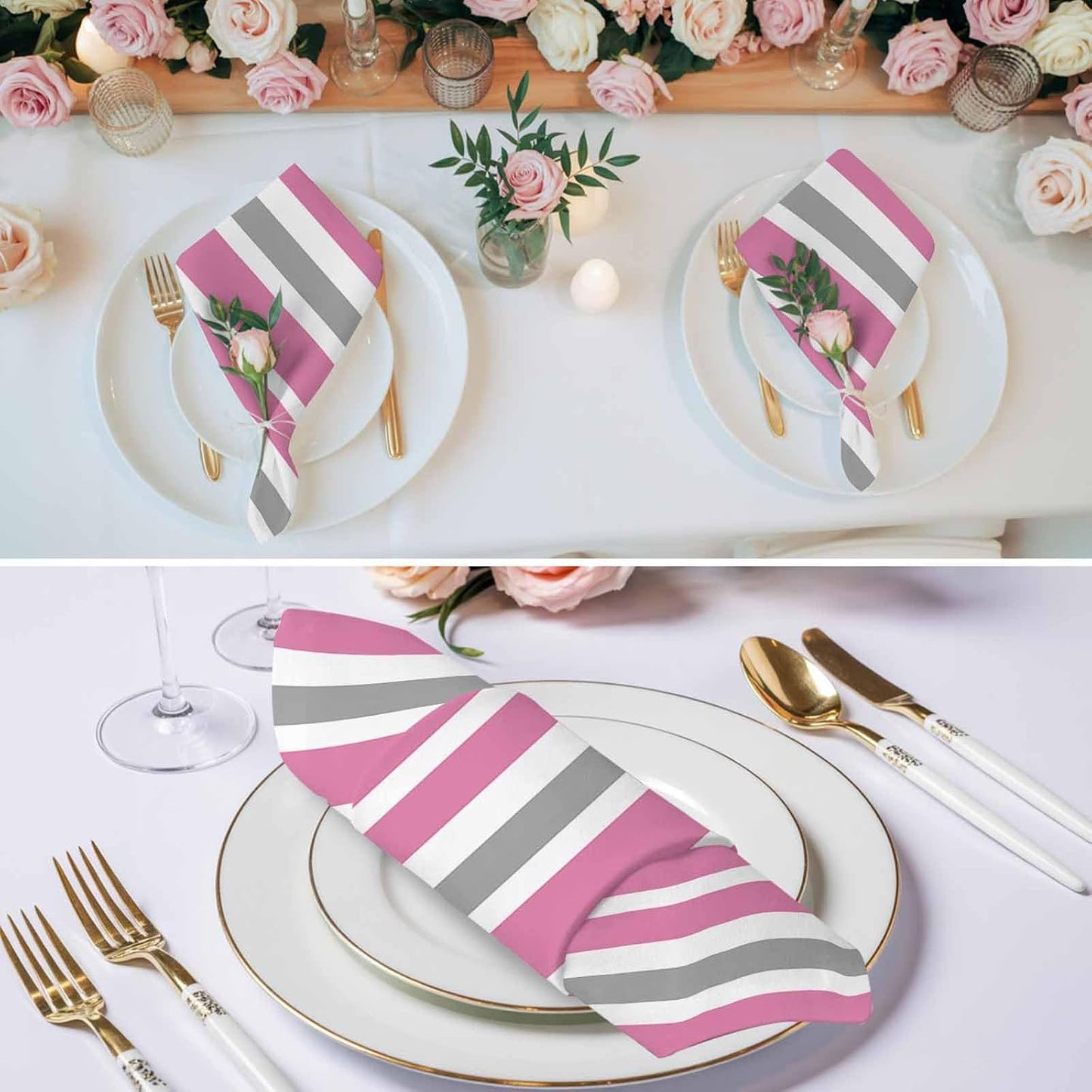 Cloth Napkins Set of 1 Pink Grey and White Stripes 20x20 Inch Washable Dinner Napkin Farmhouse Stripe Reusable Soft Table Napkins for Party Wedding Restaurant Hotel