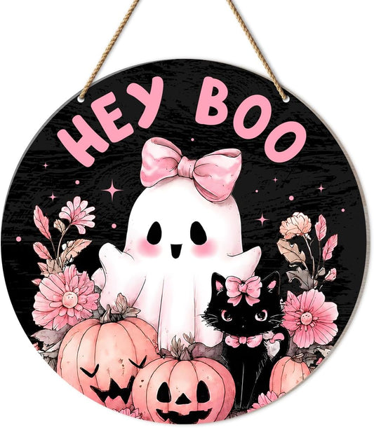 Pink Halloween Decor Halloween Wreath Cute Hey Boo Ghost Black Cat Door Sign for Front Door Porch Wall Indoor Outdoor Home Office Decor