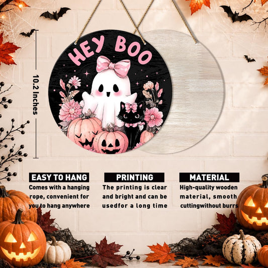Pink Halloween Decor Halloween Wreath Cute Hey Boo Ghost Black Cat Door Sign for Front Door Porch Wall Indoor Outdoor Home Office Decor