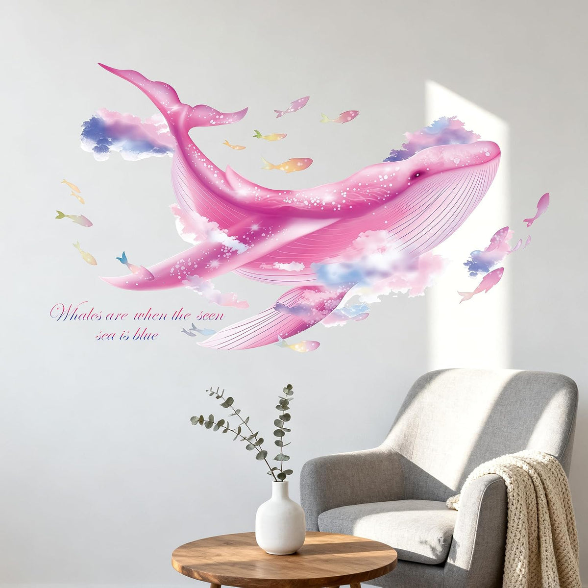 Large Whale Wall Stickers, Marine Life Under The Sea Wall Decals Removable Vinyl Peel and Stick for for Children's Room Living Bedroom, Game Room Underwater World Décor（Pink）
