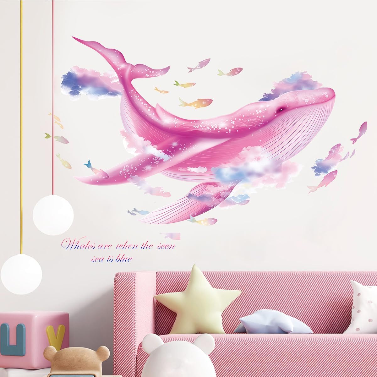 Large Whale Wall Stickers, Marine Life Under The Sea Wall Decals Removable Vinyl Peel and Stick for for Children's Room Living Bedroom, Game Room Underwater World Décor（Pink）