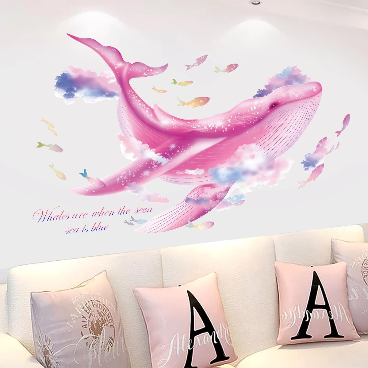 Large Whale Wall Stickers, Marine Life Under The Sea Wall Decals Removable Vinyl Peel and Stick for for Children's Room Living Bedroom, Game Room Underwater World Décor（Pink）
