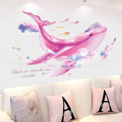 Large Whale Wall Stickers, Marine Life Under The Sea Wall Decals Removable Vinyl Peel and Stick for for Children's Room Living Bedroom, Game Room Underwater World Décor（Pink）